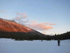 Skiing up Lyell Canyon with the setting sun